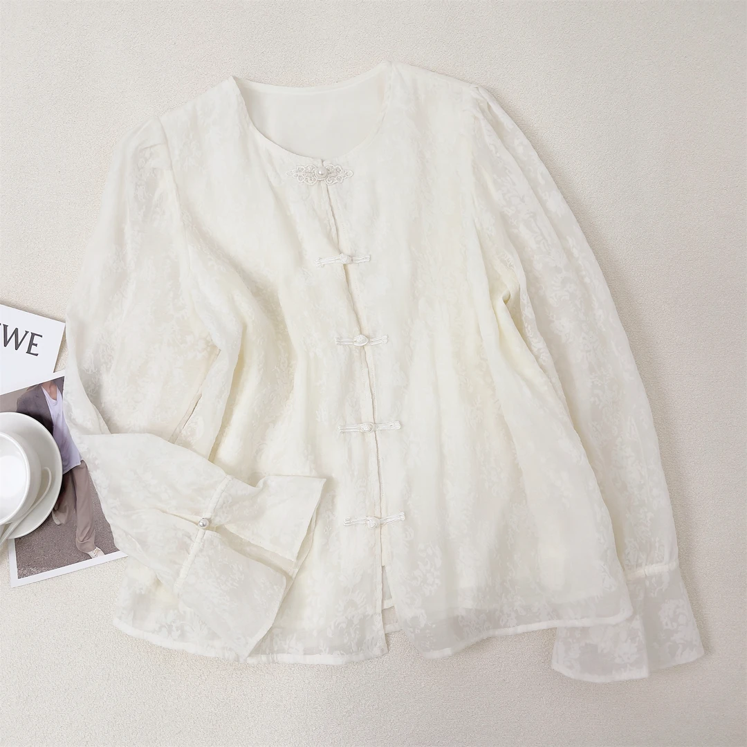 【女王洛克】新中式女装扣袢式刺绣钩花气质衬衣宽松衬衫女