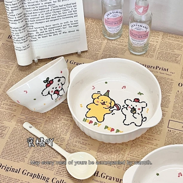 线条小狗泡面碗可爱陶瓷沙拉碗新品情侣餐碗学生宿舍家用吃饭碗