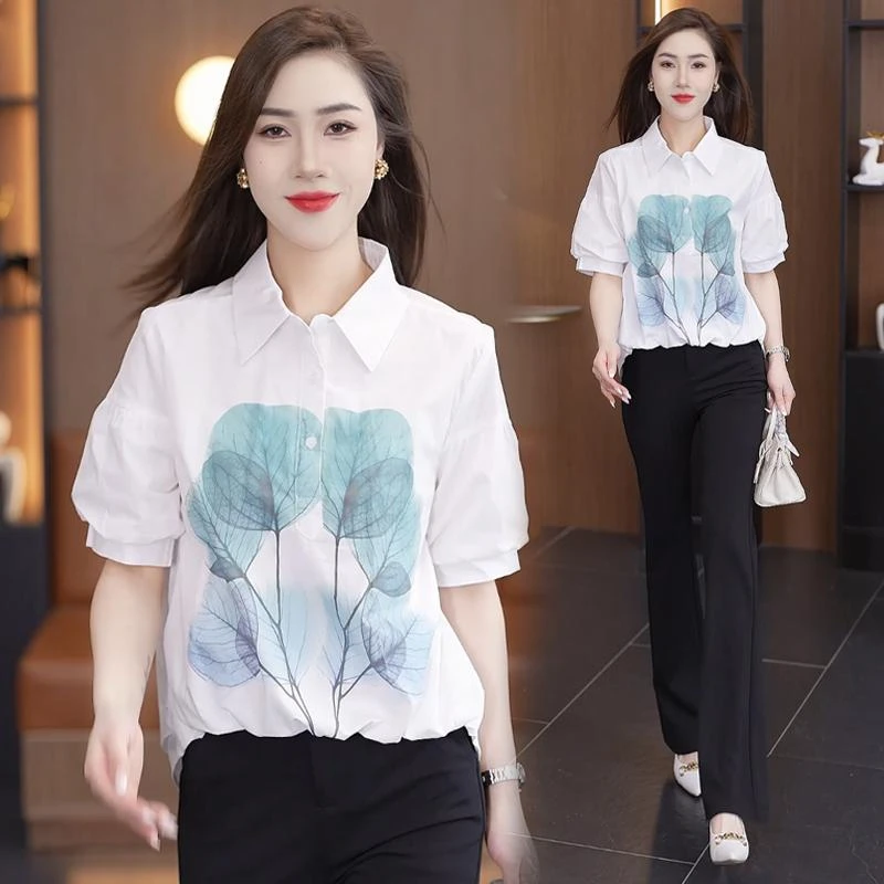 时尚衬衫女2025夏季新款洋气减龄小个子气质百搭短袖翻领上衣