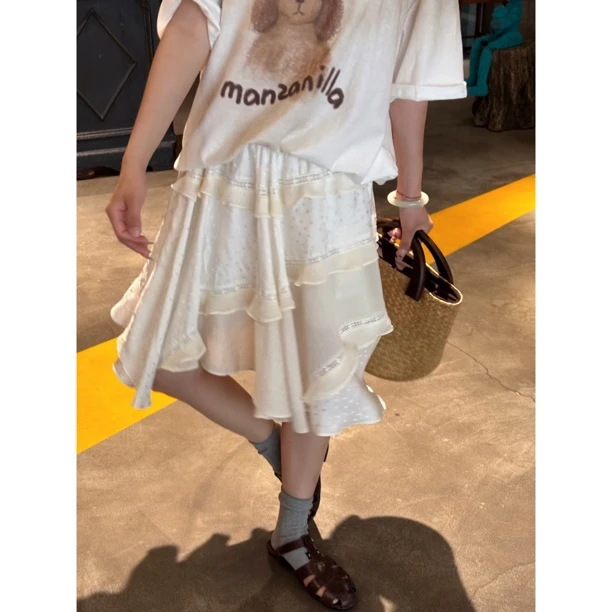 Nannanzhuo 早秋波点蕾丝拼接半裙