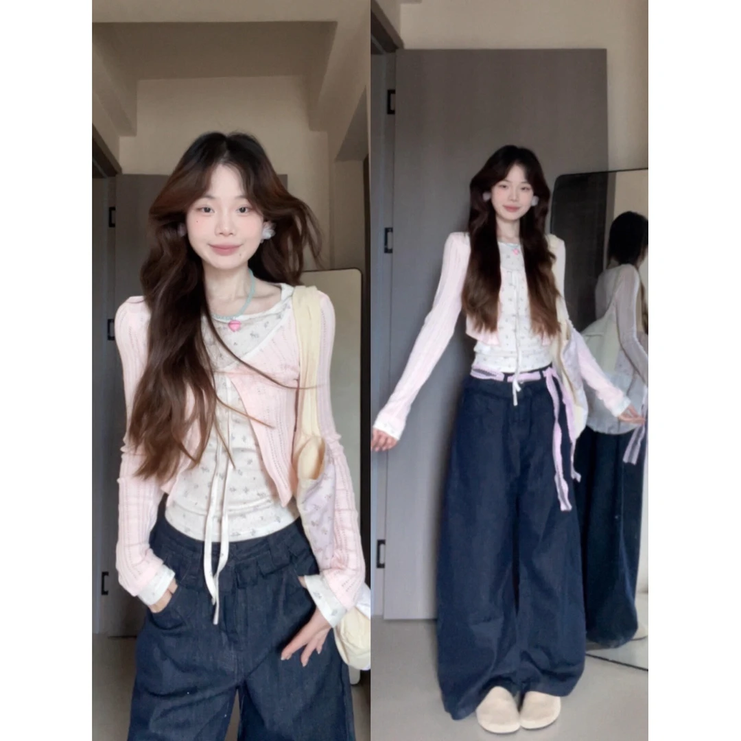 韩系甜美碎花短外套秋季设计感小众撞色修身假两件针织上衣薄开衫