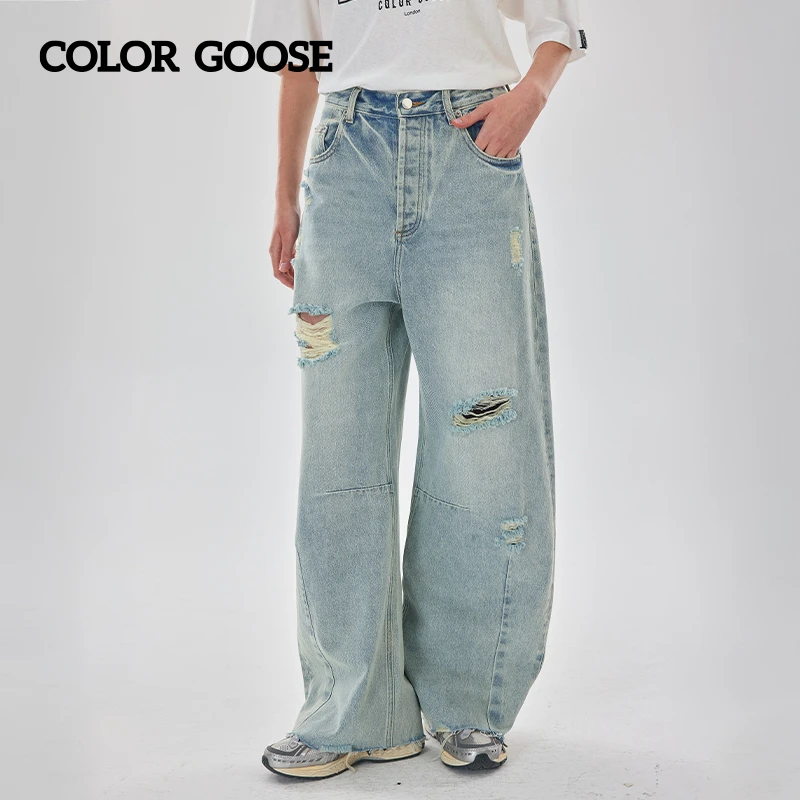 COLOR GOOSE男女同款美式复古手绘LOGO标宽松阔腿破洞弯刀牛仔裤