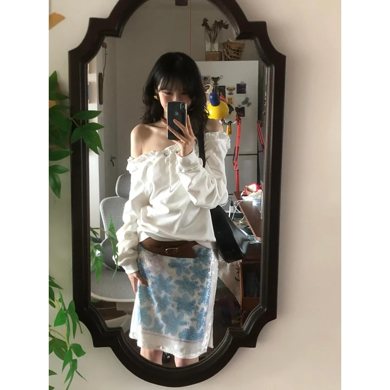 韩系辣妹一字肩抽绳白色长袖卫衣女秋冬宽松显瘦蕾丝绣花半身裙女