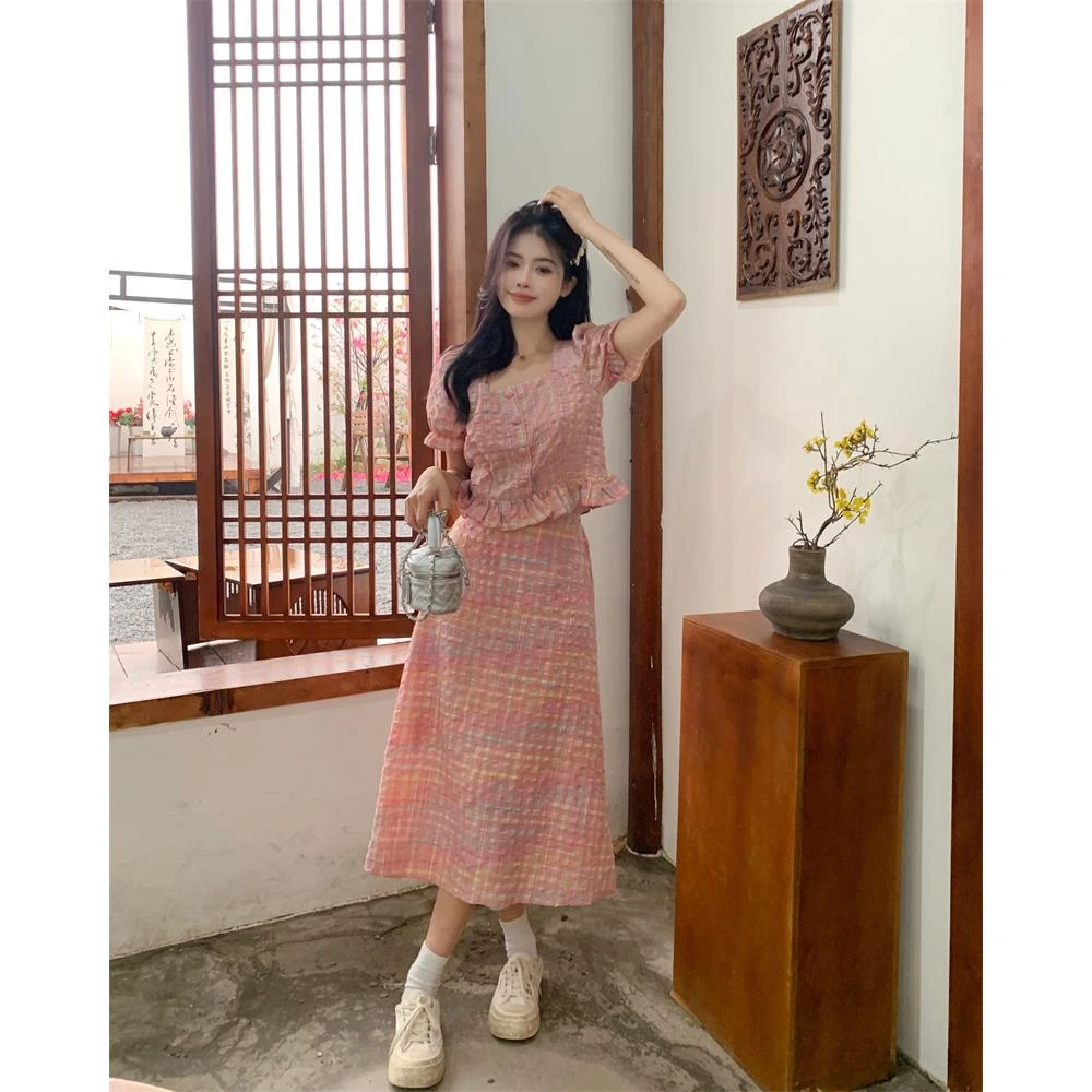 大码韩版时尚设计感方领短袖开衫上衣女夏季高腰显瘦半身裙两件套