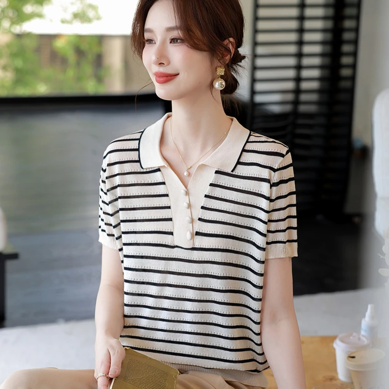 条纹薄款翻领百搭女士显瘦中老年女装夏装休闲风短袖v领上衣洋气