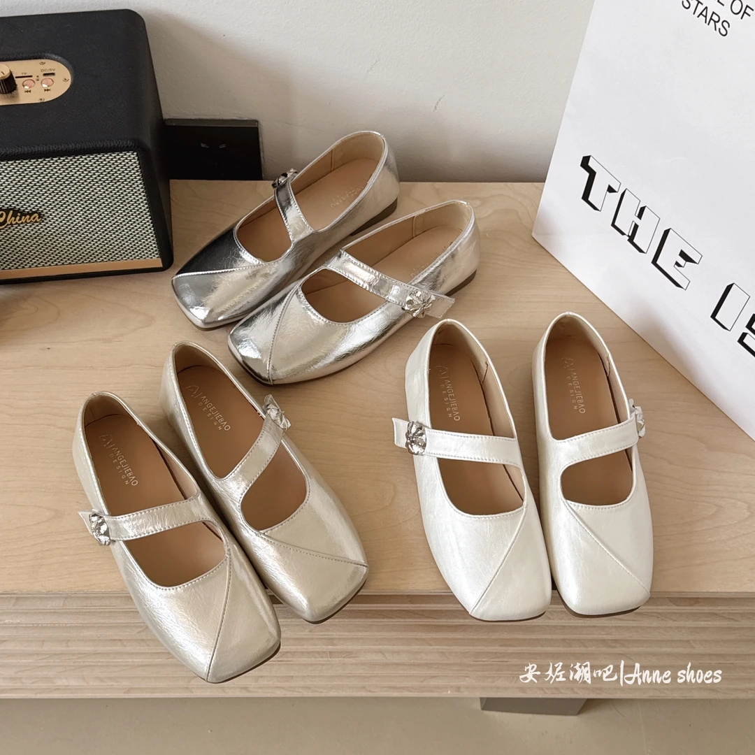 法式方头小单鞋女简约小众一字带平底银色浅口软皮配裙子玛丽珍鞋