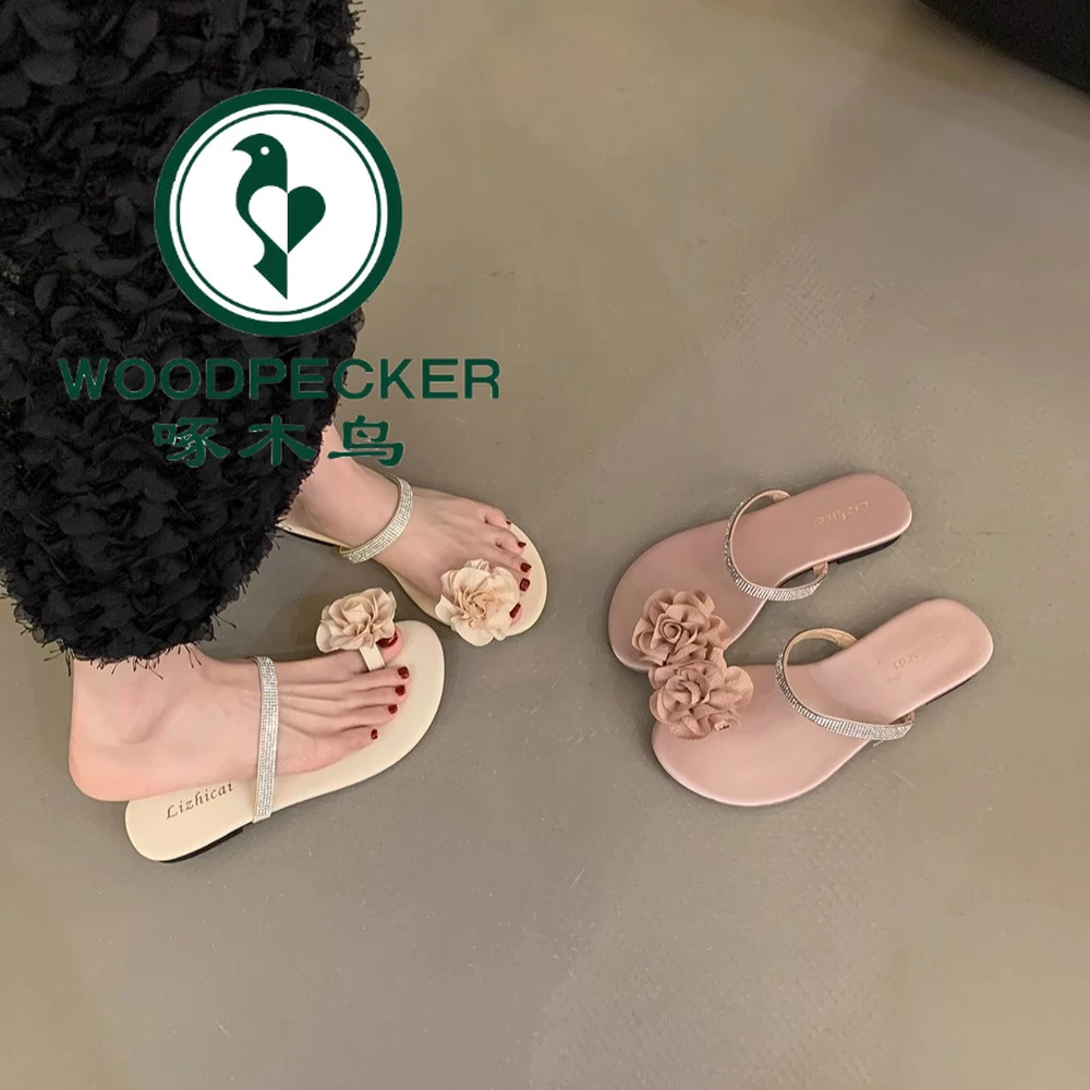 啄木鸟法式晚风花朵平底凉拖鞋仙女鞋子夏季外穿夹趾拖鞋海边凉鞋