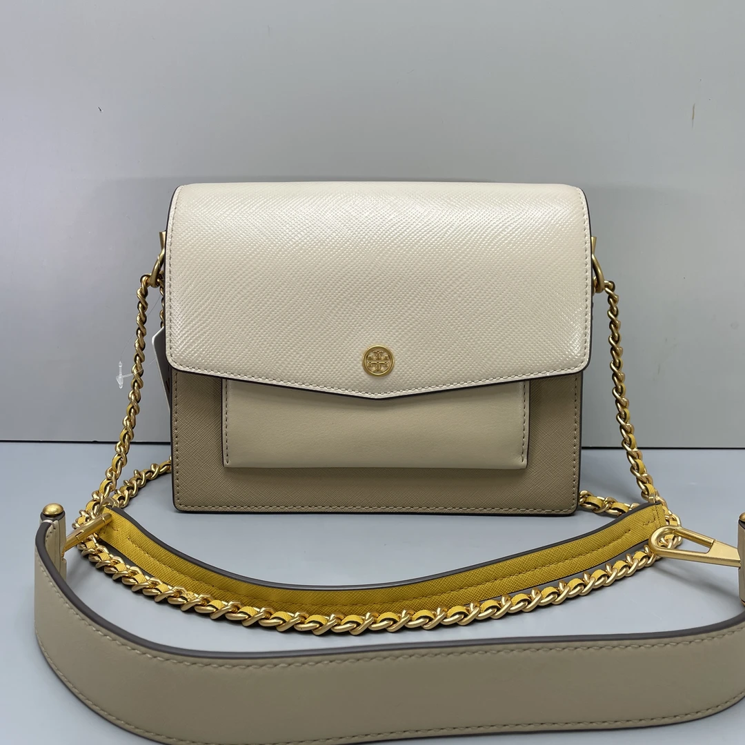 95新 TORY BURCH/汤丽柏琦 小林米白拼色风琴包21*17*9cmB090201