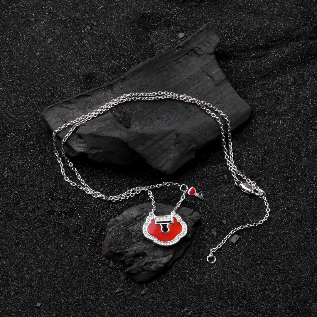 链子925银锆石 N17641 白锆红色祥云如意锁项链