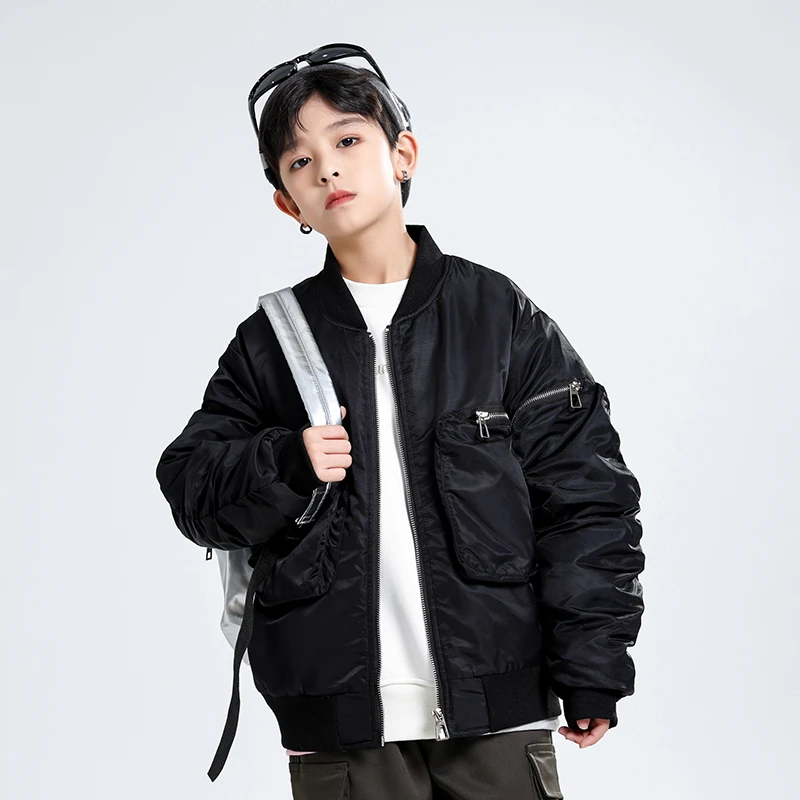 男童机车款加棉外套圆领飞行服夹克百搭上衣时尚超版男童外套潮酷