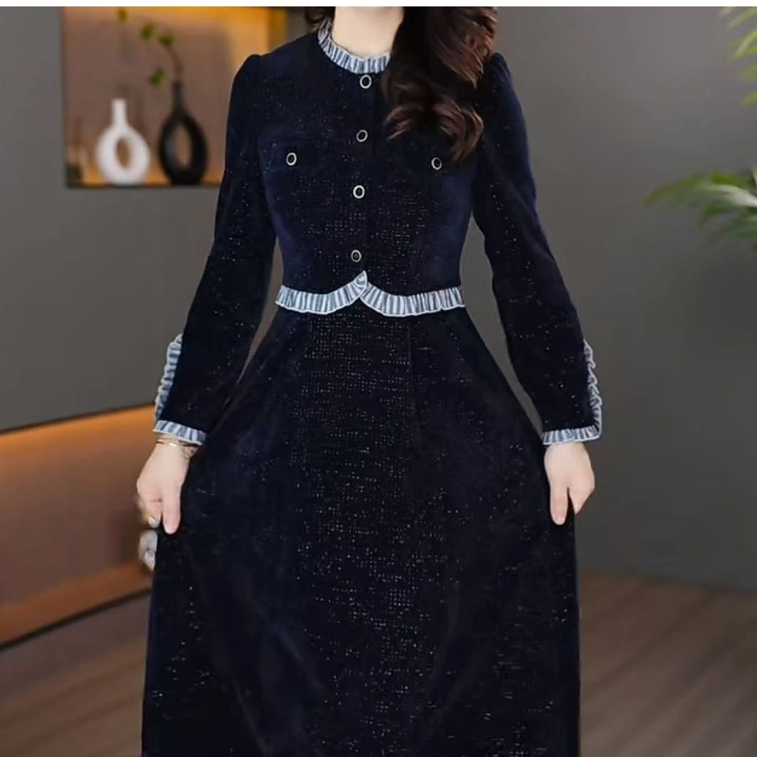 高端时尚拼接连衣裙女新款气质洋气遮肉显瘦中长款裙子8007#