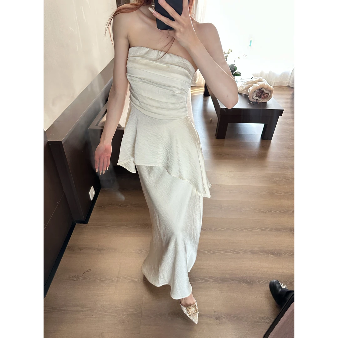 奢简氛围 缎面腰部皱褶收腰抹胸两件套光泽感半身裙人鱼姬套装