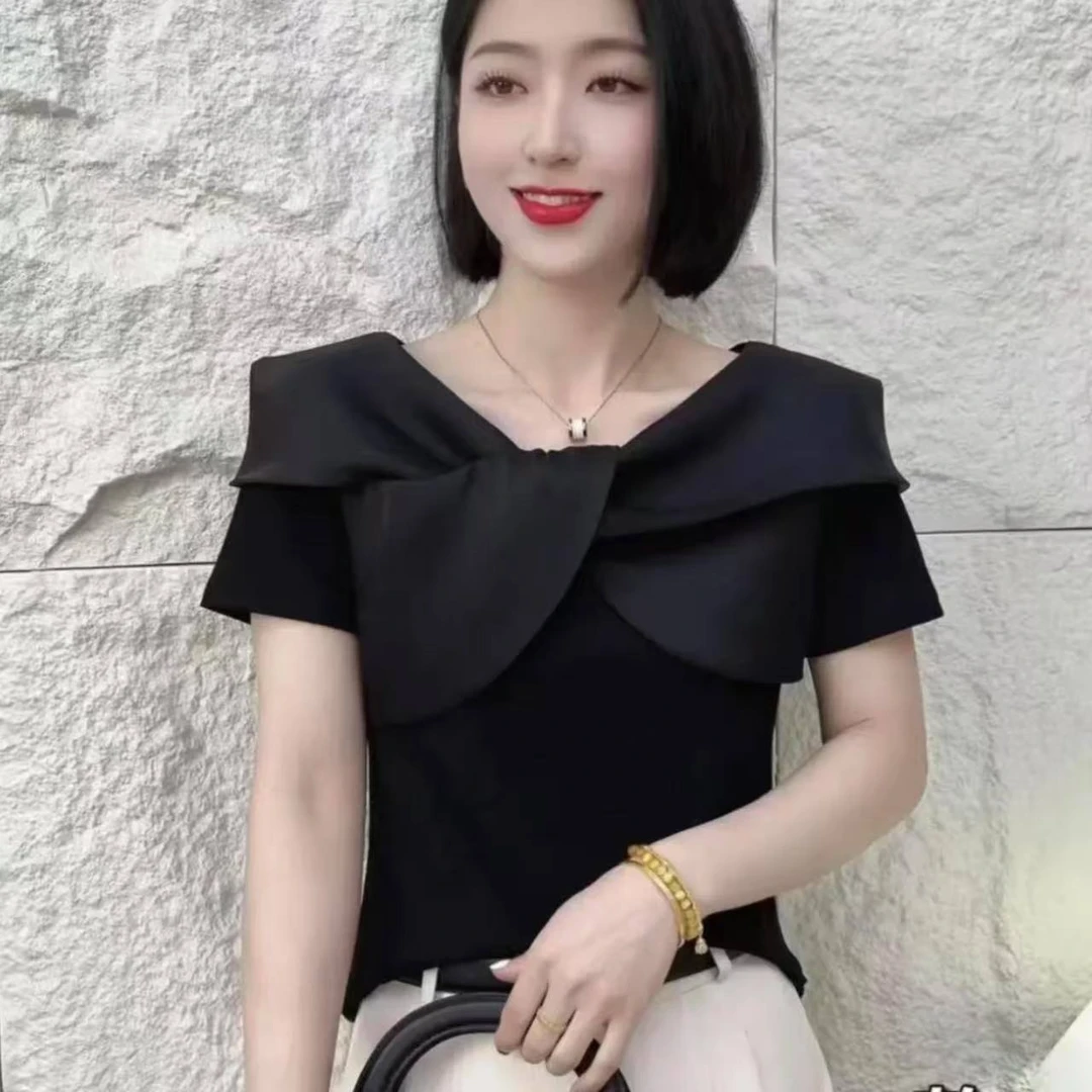 2025夏季时尚洋气新款潮流设计交叉领女士百搭显瘦短袖P7777