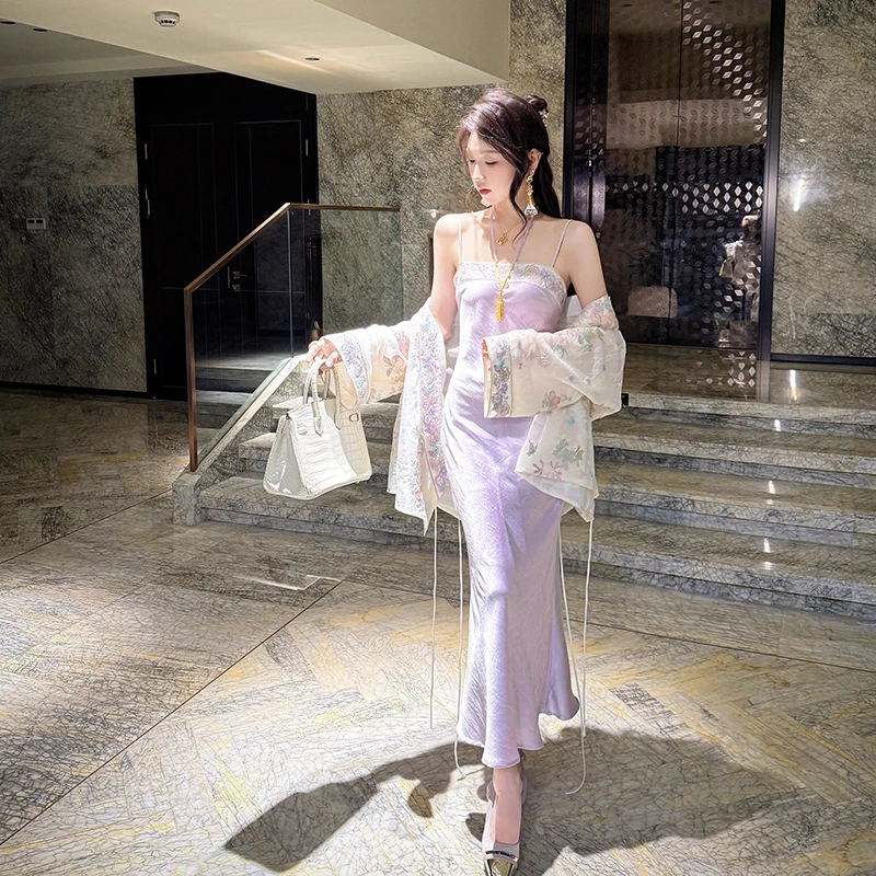 果果家 醋酸/新中式设计师气质鱼尾裙2025春季显瘦吊带连衣裙