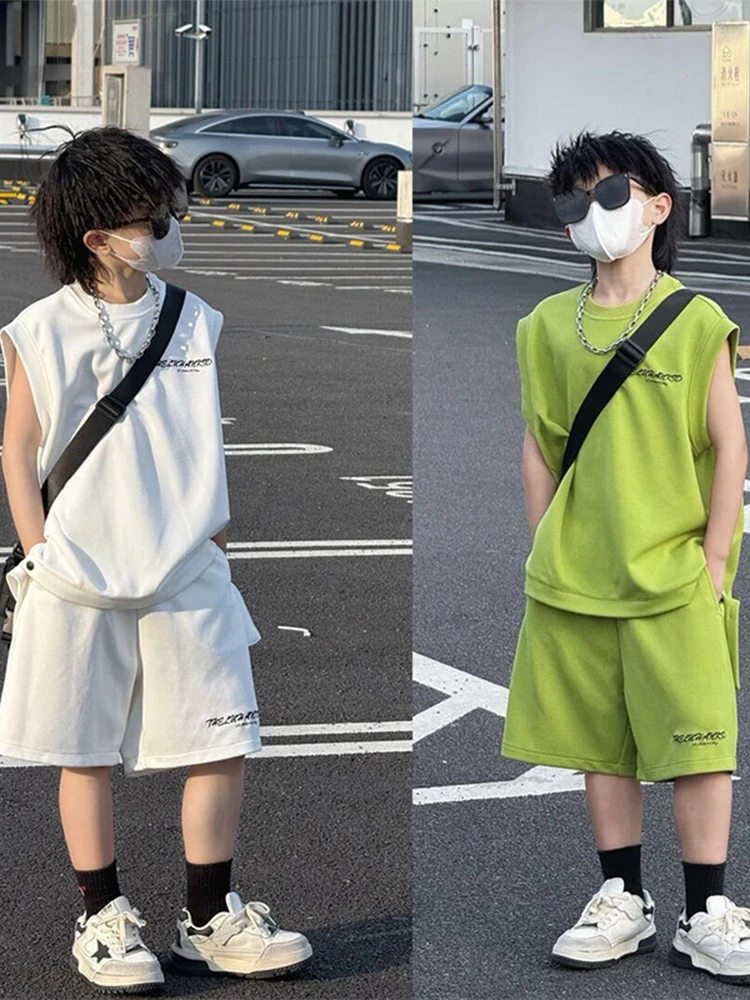 男童夏季无袖坎肩套装2025新款中大童字母帅气儿童运动洋气两件套