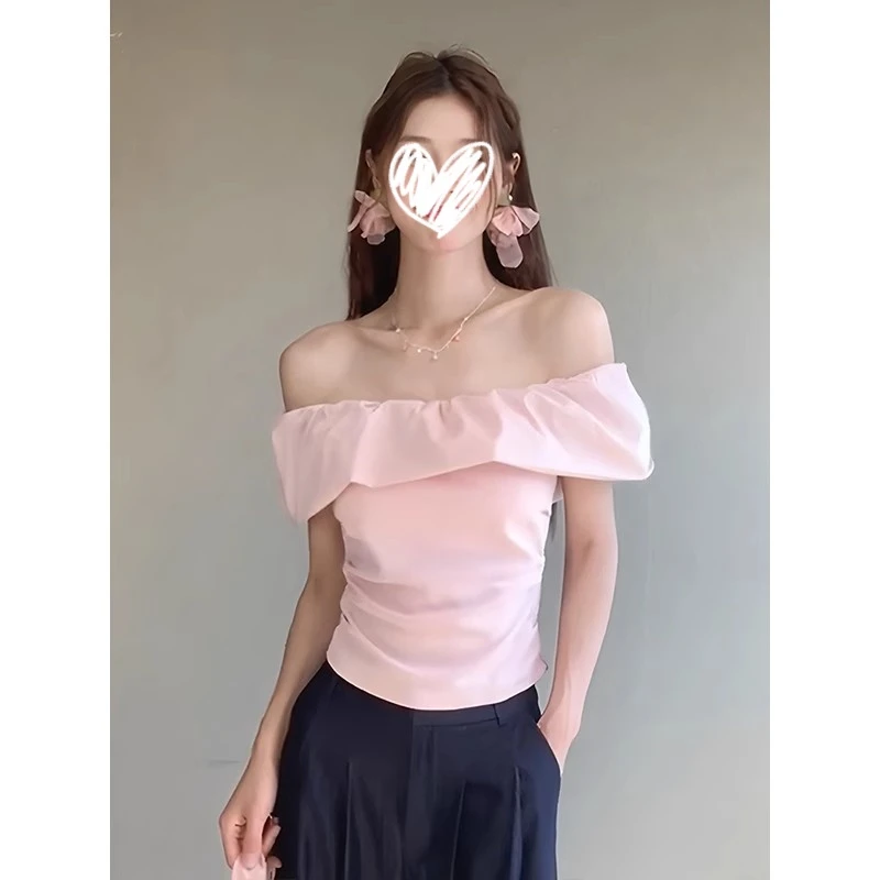 韩系纯欲粉色一字肩荷叶边短袖T恤女夏季淑女气质露肩收腰紧上衣