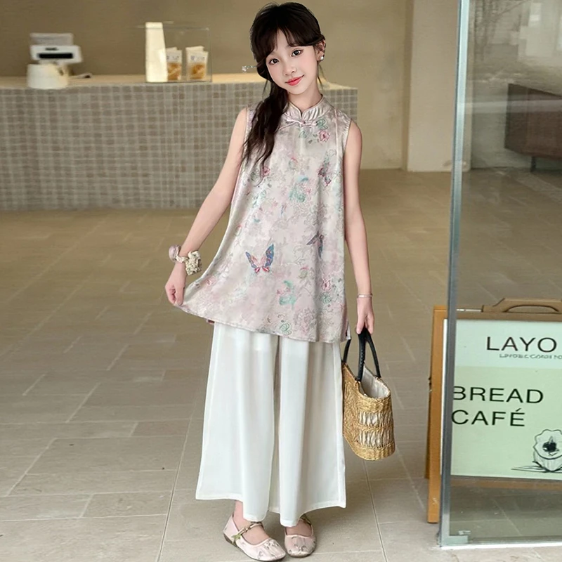 女童新中式国风套装2025新款夏季无袖旗袍上衣儿童阔腿裤两件套潮