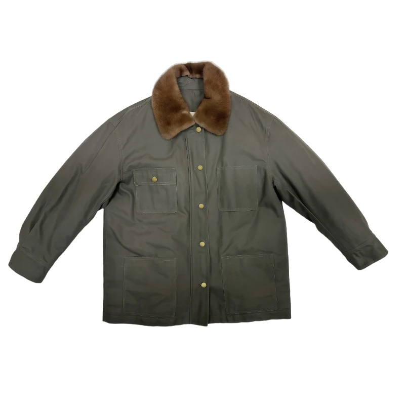 酷飒风丹麦水貂毛料90白鹅绒复古休闲老钱户外保暖羽绒外套B2302