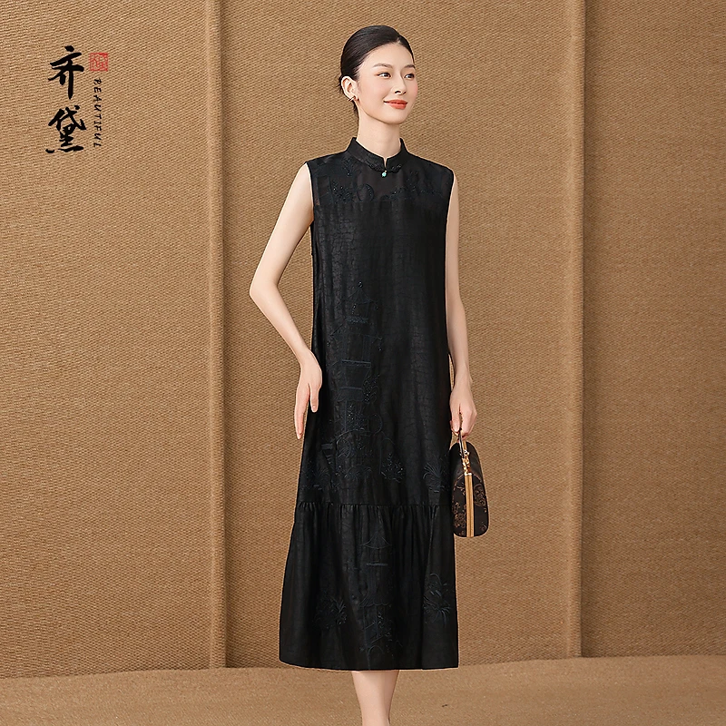 七夕限定-齐黛龟纹香云纱连衣裙高端奢华大牌2025新款a字裙