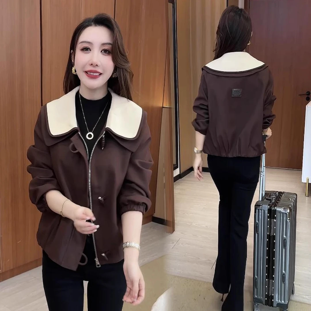 时尚外套女2025秋季新款洋气宽松显瘦减龄翻领长袖夹克短款上衣潮