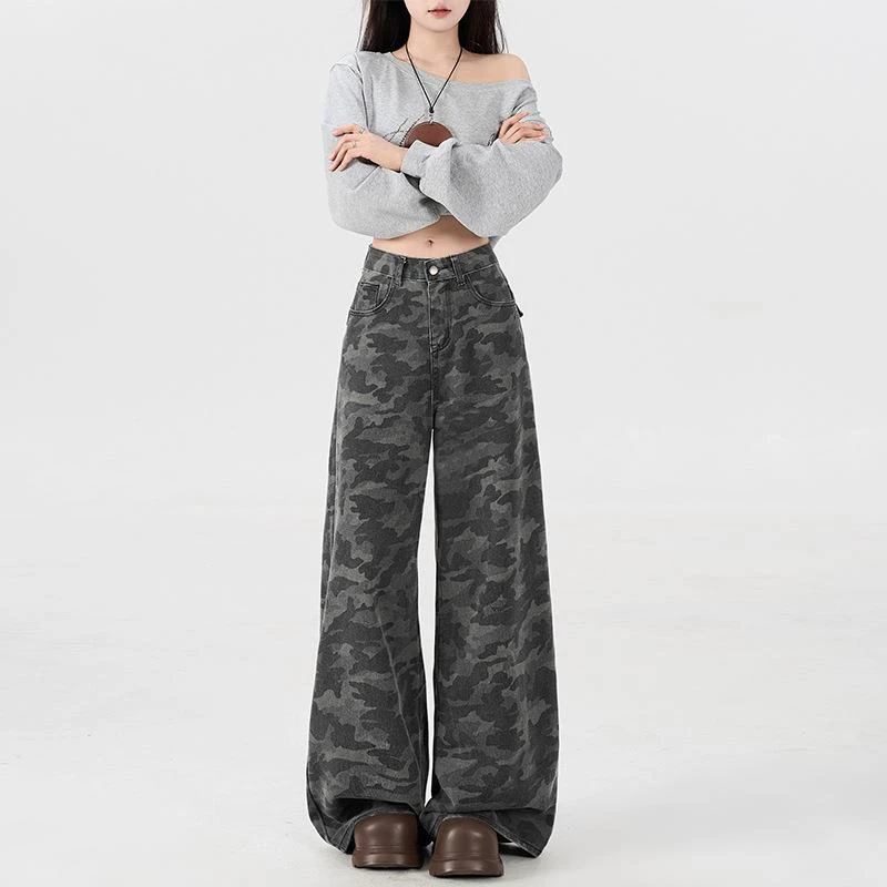 慵懒风女高腰夏季迷彩宽松牛仔裤宽松显瘦时尚长裤小众裤子迷彩裤