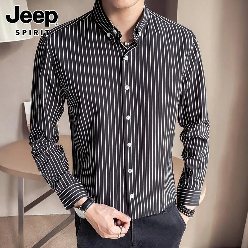 吉普长袖衬衫男士夏季潮流帅气翻领衬衫潮牌休闲条纹打底衫男