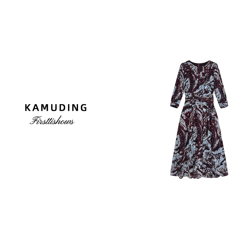 KAMUDING2025法式复古风抽象印花修身显瘦优雅气质连衣裙8610