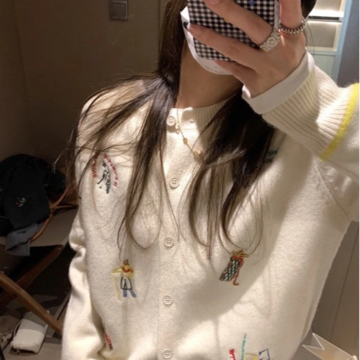 韩版气质撞色刺绣圆领针织衫开衫毛衣外套女打底叠穿上衣小香风