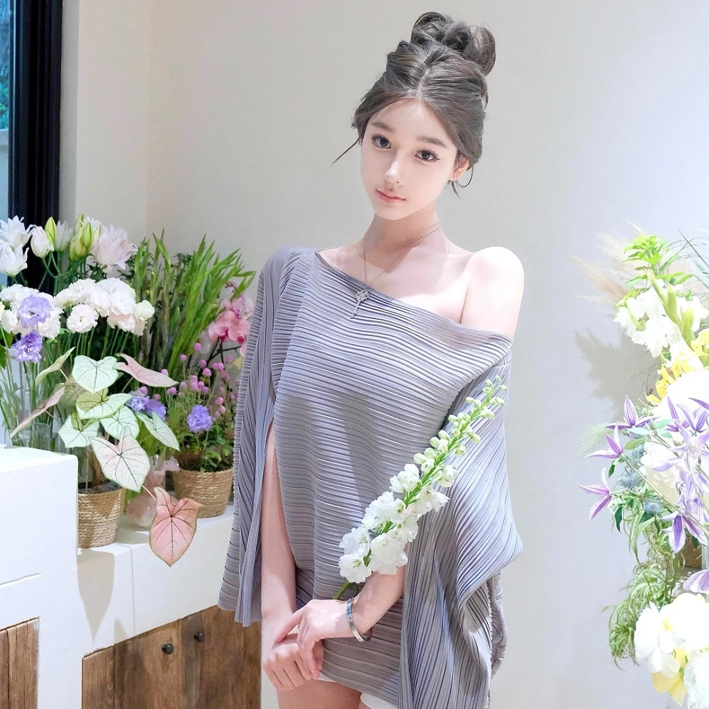 纯欲风性感斜肩开叉紫色斗蓬雪纺衫女装夏宽松不规则独特小众上衣