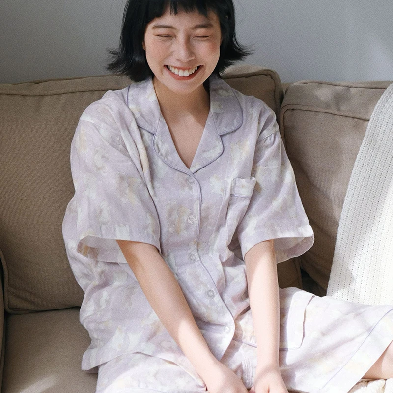 短腿小狗印花a类纯棉睡衣女夏季薄款全棉家居服高支棉纱短袖睡衣