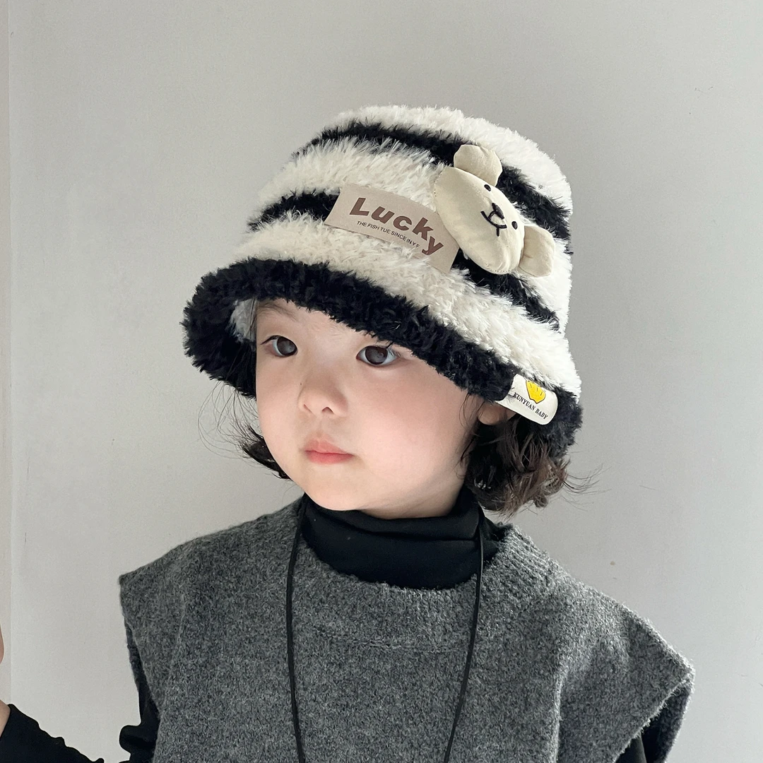 韩国ins小熊儿童盆帽宝宝加厚护耳帽男女童毛绒防风保暖渔夫帽潮