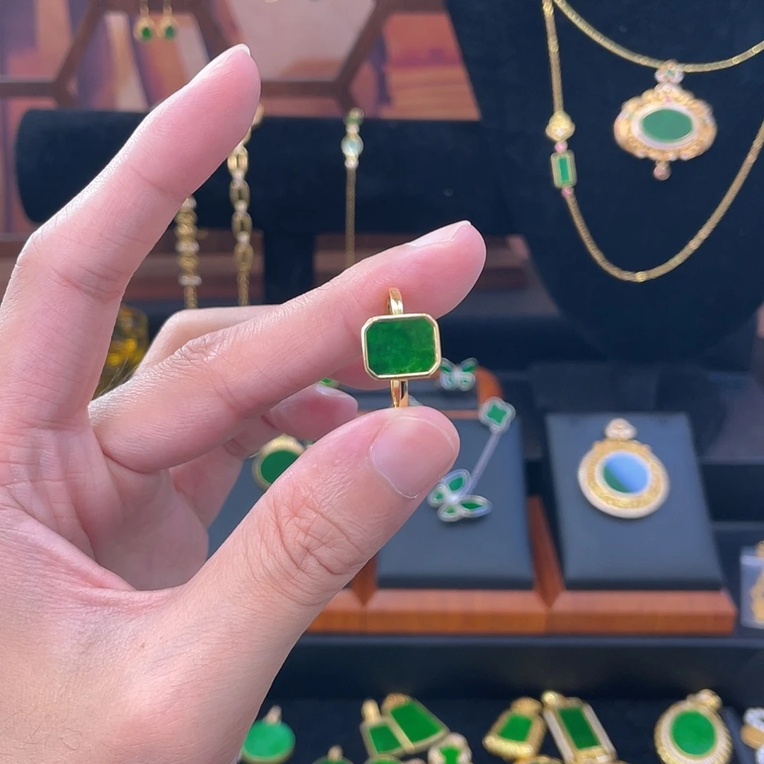 翡翠戒指银S925镀金镶嵌大号