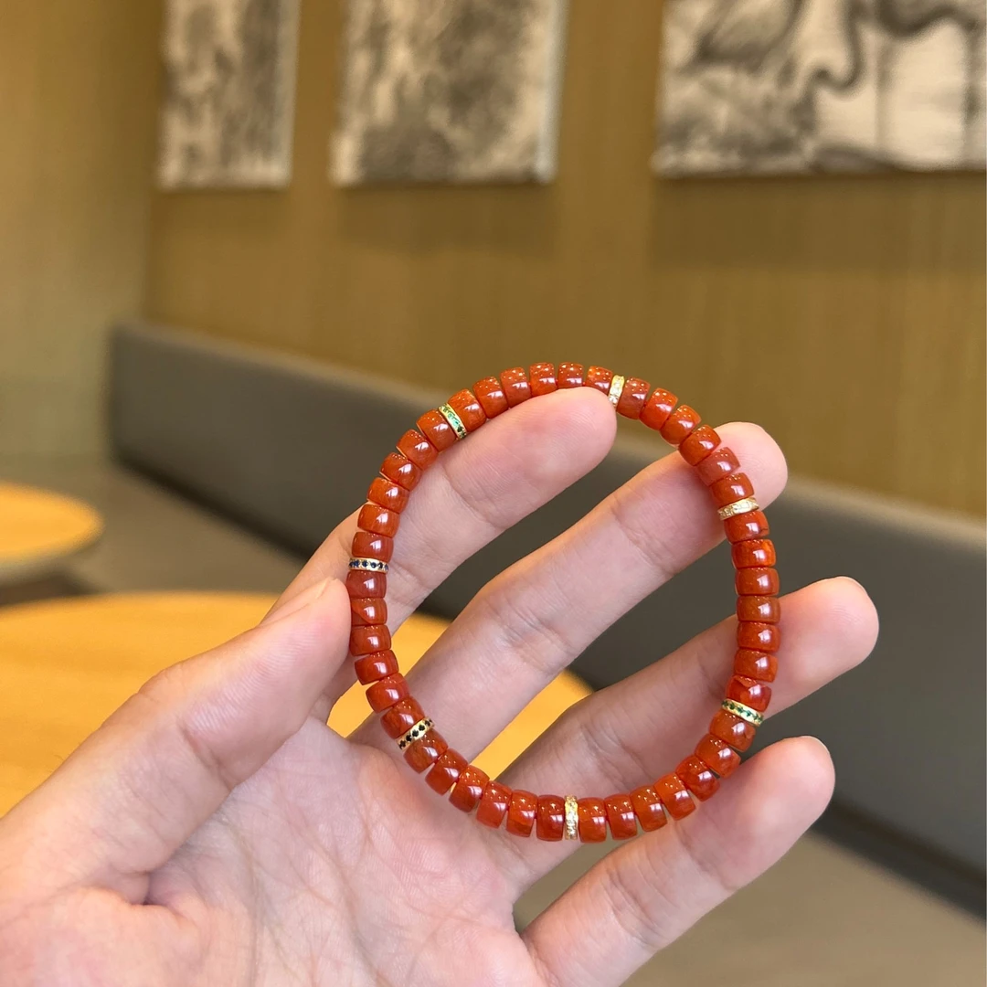 【晶缘聚】天然川料满色南红精工直切药片手串南红女士手链百搭显白