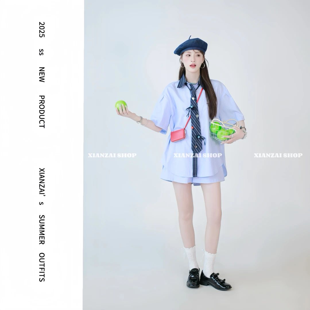XIANZAI【撕漫女】夏季新款学院风jk条纹衬衫短袖领带短裤三件套装