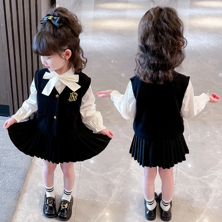 女薄款纯色春秋常规学院风套装童装秋季儿童连衣裙时髦小姨风