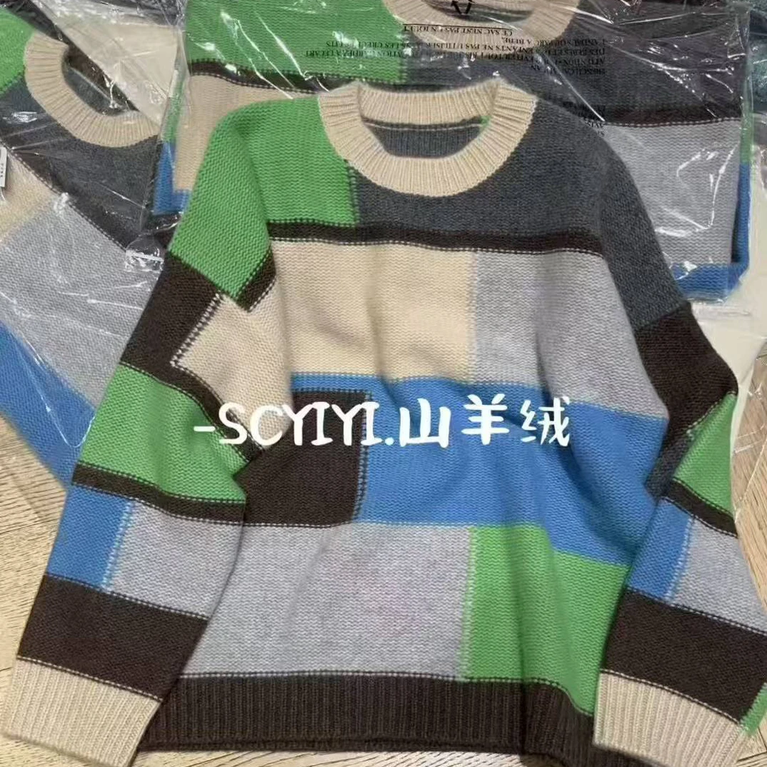 100纯山羊绒拼色加厚宽松慵懒风毛衣