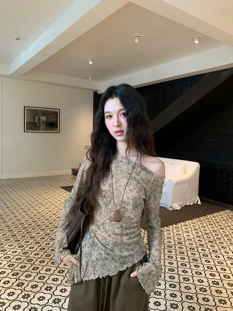 2025秋季高级感斜肩晕染复古设计感不规则下摆气质网纱小衫上衣女