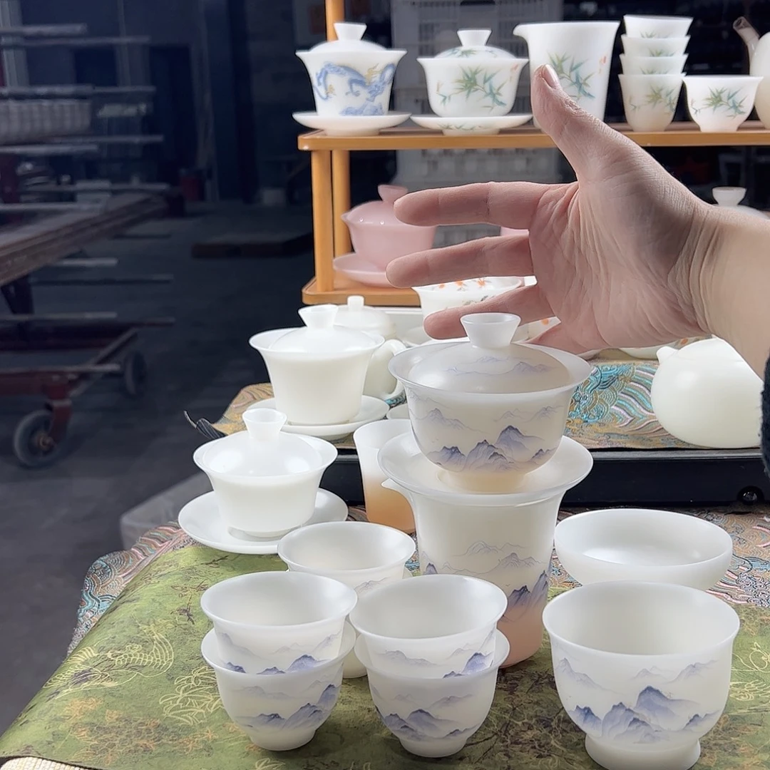 素烧璞玉元宝盖碗170ml茶海过滤组6个60ml，压手杯-万里山河