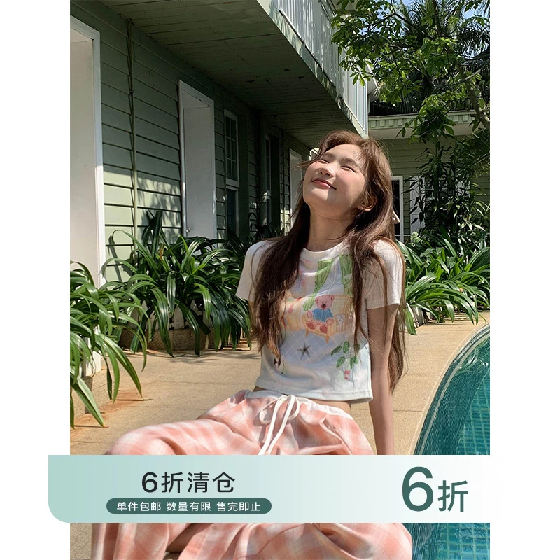 【你好卡农-蕾子】原创休闲假日风印花修身正肩T恤KT24Z3440D清清