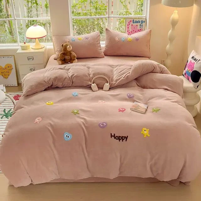 SMJN 8733 新款牛奶绒立体毛巾绣四件套 怪兽绒-藕粉