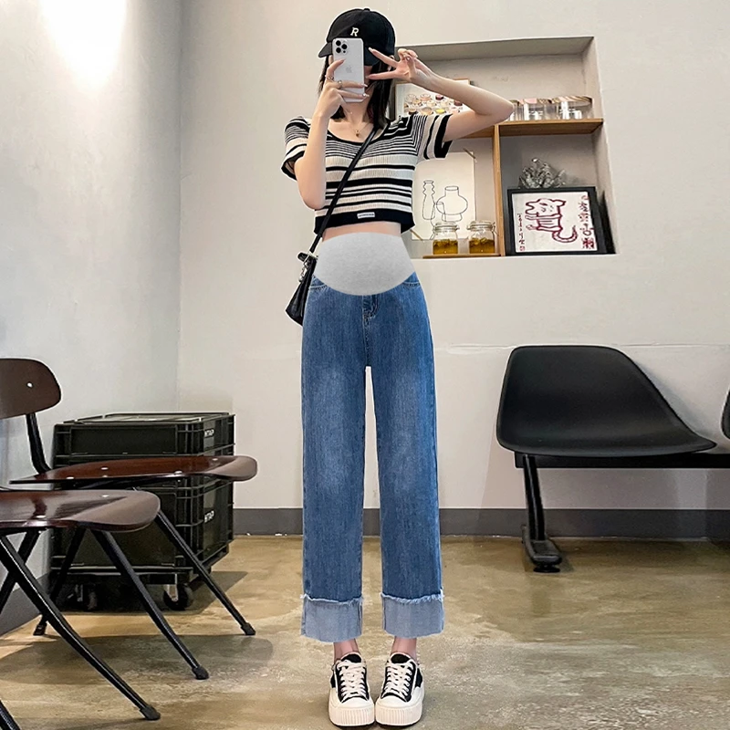 孕妇直筒牛仔春秋外穿简约牛仔裤休闲宽松型直筒裤九分裤小个子