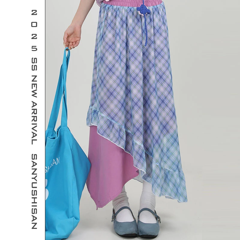 三与十三|盛夏花季|清新风格格纹不规则拼接宽松半身裙-2