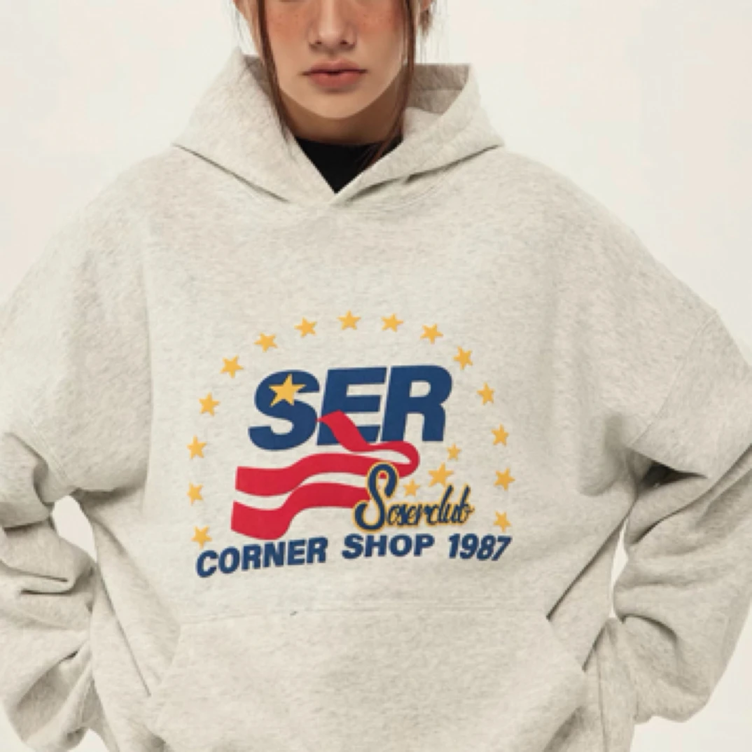 SOSER秋冬美式校园复古星星卫衣连帽绒潮牌宽松休闲男女情侣021