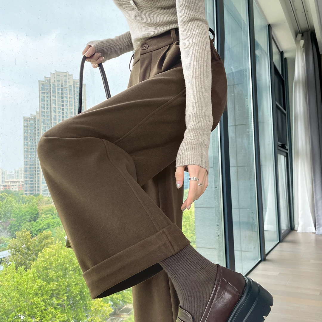 咖啡色毛呢阔腿裤女秋冬新款小个子高腰九分卷边西装休闲直筒裤子