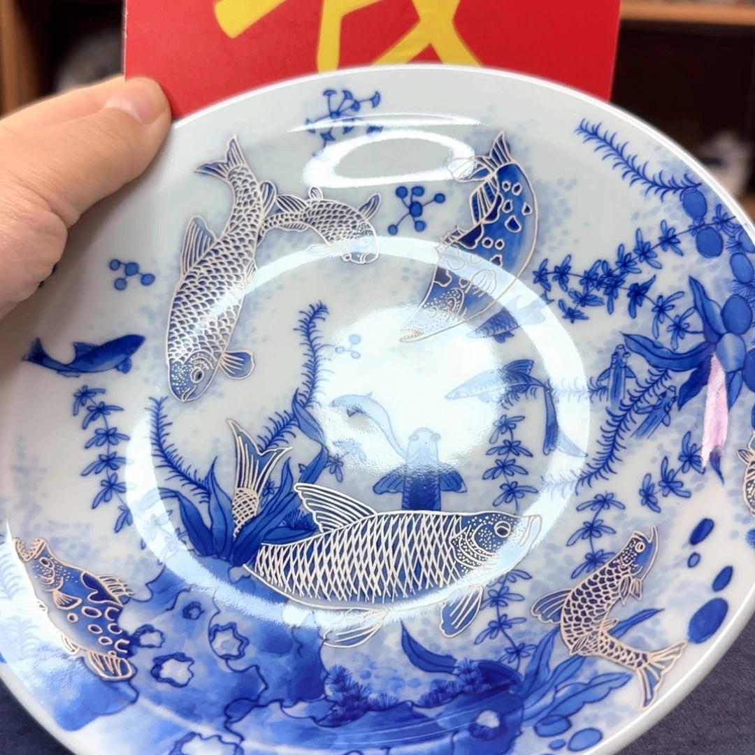 摆件景德镇手绘青花描银鱼藻壶承