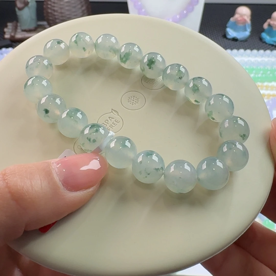 翡翠手链未镶嵌大漏款冰飘绿花单圈10mm