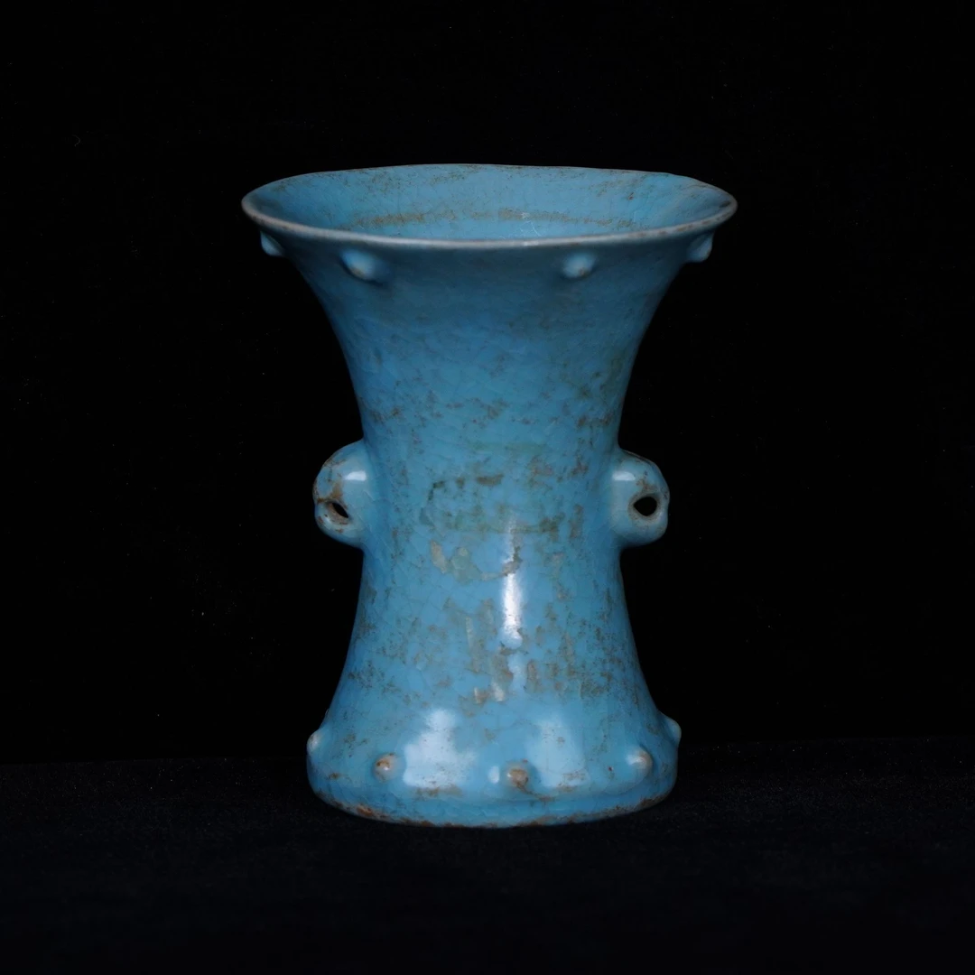 Lot62-C清仿汝釉乳钉双耳花觚-清代年制d13-LW12270001001149