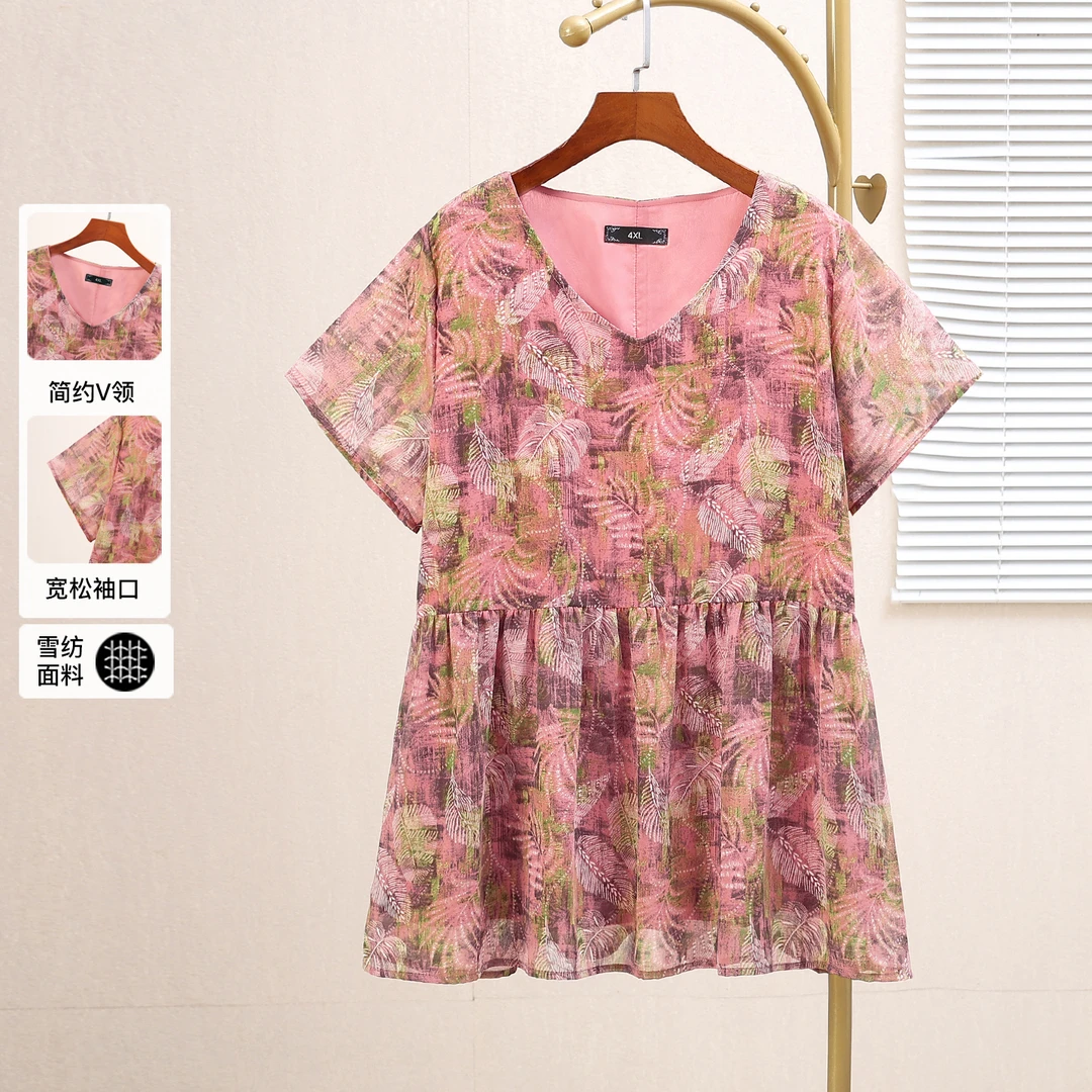 25325T大码女装洋气雪纺衫短袖夏季胖mm时尚印花小衫遮肚显瘦上衣