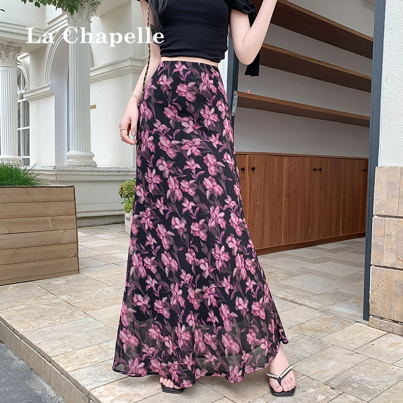 拉夏贝尔度假风雪纺包臀半身裙女春夏新款气质减龄女人味碎花长裙