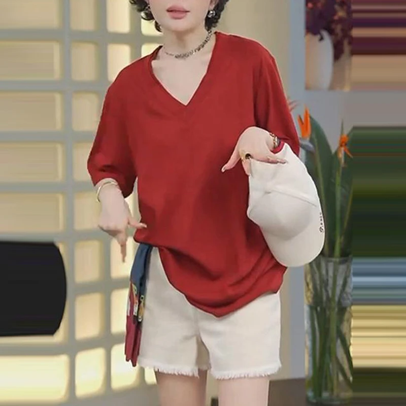 时尚老钱风红色V领短袖T恤女士夏季新款宽松显瘦体恤洋气减龄上衣